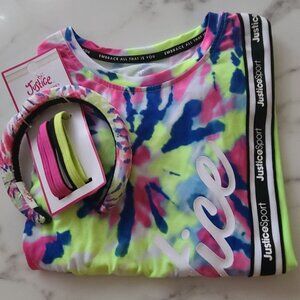 NWTS Justice SS Tie Front Multi Lime Tee W/Matching Hair Accessories